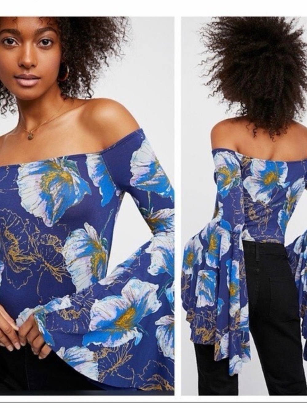 Free People We The Free Medium Blue Birds Of Paradise Boho Bell Sleeve Festival